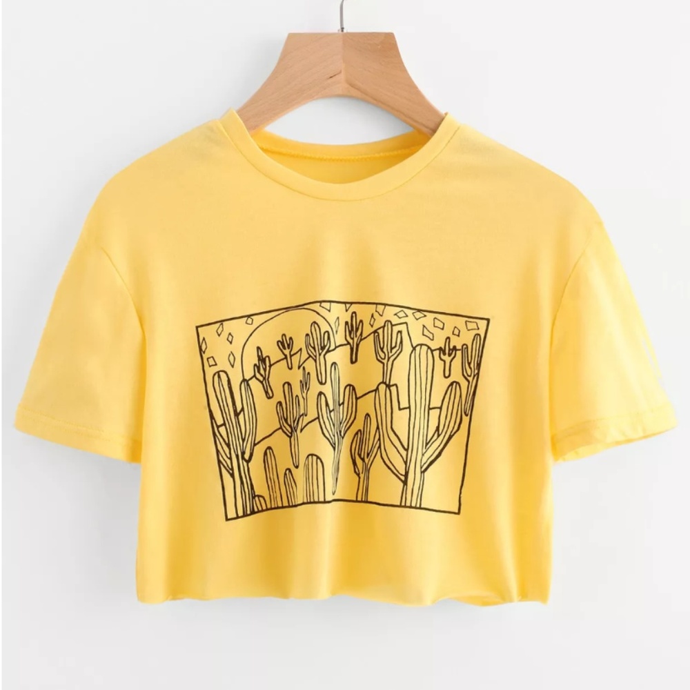 Bright yellow cactus print desert short sl…